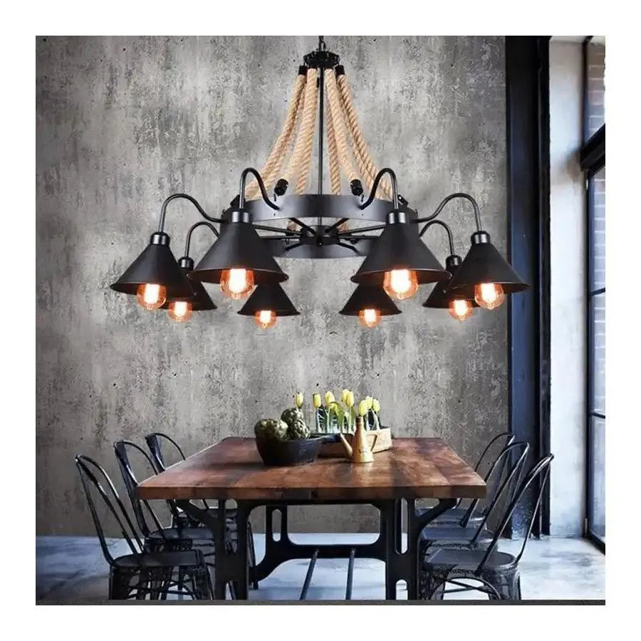 Indiana Chandelier, 8*E27, fém és kötél, fekete