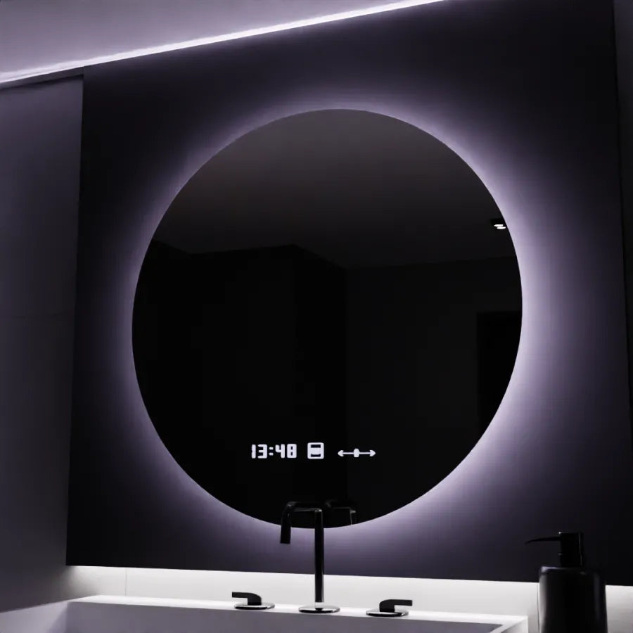 Kerek LED -tükör, 80 cm, Serenit MotionGlow Marcello, Leírásító rendszer, óra és hőmérő, dimálható