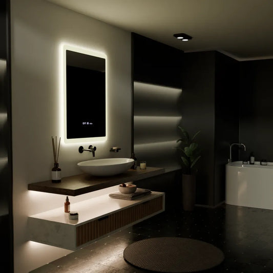 Téglalap alakú LED -tükör, 60x80cm, pugliesi mozgásglow marcello érzékelő, eltorzító rendszer, óra és hőmérő, daimable