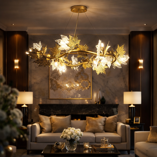 Modern csillár LEAFORA Eleganza, 6xE14, átmérő 50 cm, arany, állítható magasságú, fém és kristály modern csillárok alapértelmezett cím Alessandro Design