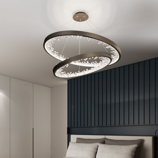 Függesztett LED-csillár távirányítóval, K9 kristályok, 67W, 2 kör, 60 cm, hideg/meleg/semleges fény, szabályozható, fekete, állítható magasságú