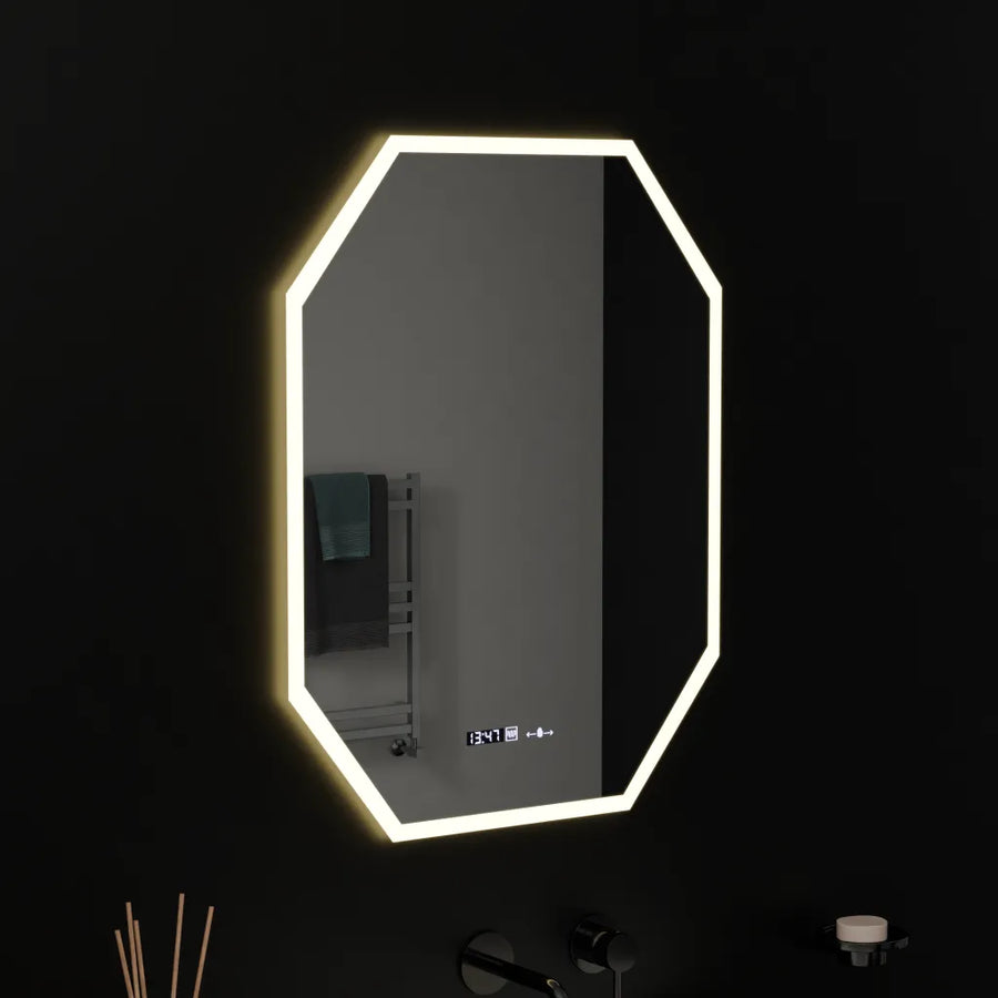 Polygon LED -tükör, 60x80cm, hexalce érzékelő mozgásglow marcello, diszfigurációs rendszer, óra és hőmérő, daimable