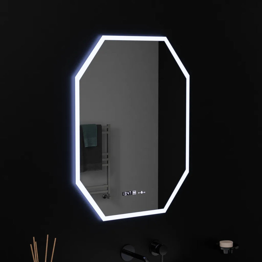Polygon LED -tükör, 60x80cm, hexalce érzékelő mozgásglow marcello, diszfigurációs rendszer, óra és hőmérő, daimable