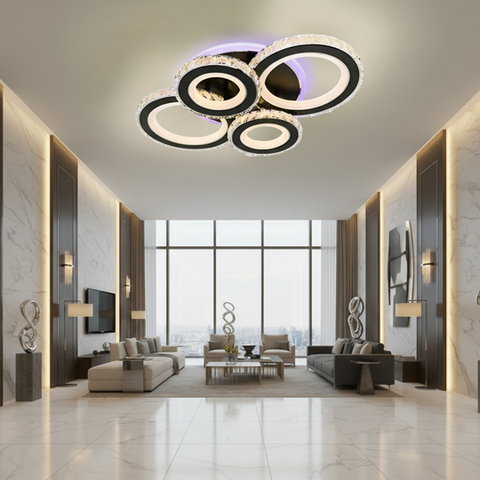 LED csillár távirányítóval és kristály NOVA ROTONDA RGB 82W, 4 kör, hideg/meleg/semleges fény, szabályozható, fekete LED csillárok távirányítóval Alapértelmezett cím Alessandro Design