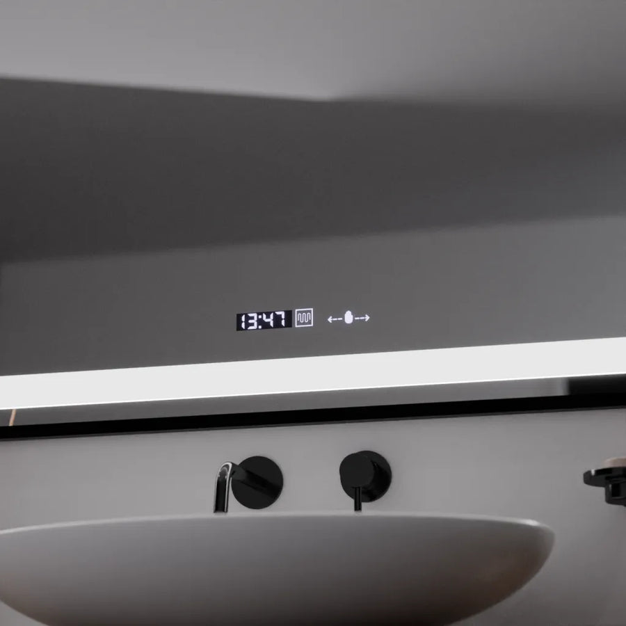 Téglalap alakú LED -tükör, 100x70 cm, Verite Majeste Noir Motion Glow Marcello, leolvasztási rendszer, óra és hőmérő, dimálva
