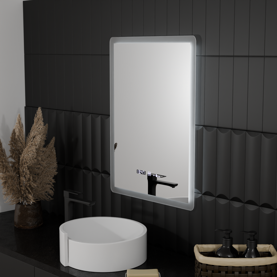 Téglalap alakú LED -tükör, 50x70 cm, Zampa érzékelő mozgásgátló marcello, osztályozó rendszer, óra és hőmérő, dimálható
