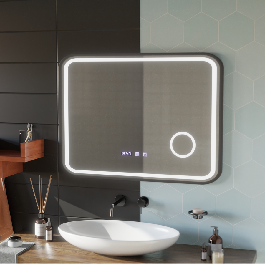 Mirror LED Touch Bernd leolvadó rendszer, óra és hőmérséklet 80x60 cm fekete ecset alap Cosmetica