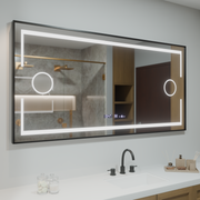 Téglalap alakú LED -tükör, 120x80 cm, MotionGlow Marcello érzékelő, letiltási rendszer, óra és hőmérő, kozmetikai nagyító