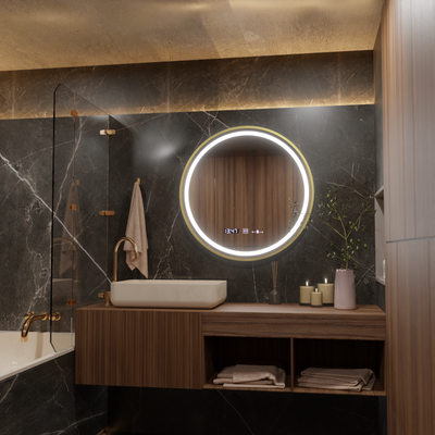 Kerek LED -tükör, 60 cm, Celeste Royale Gold Motionglow Marcello, helyettes rendszer, óra és hőmérő, dimálható