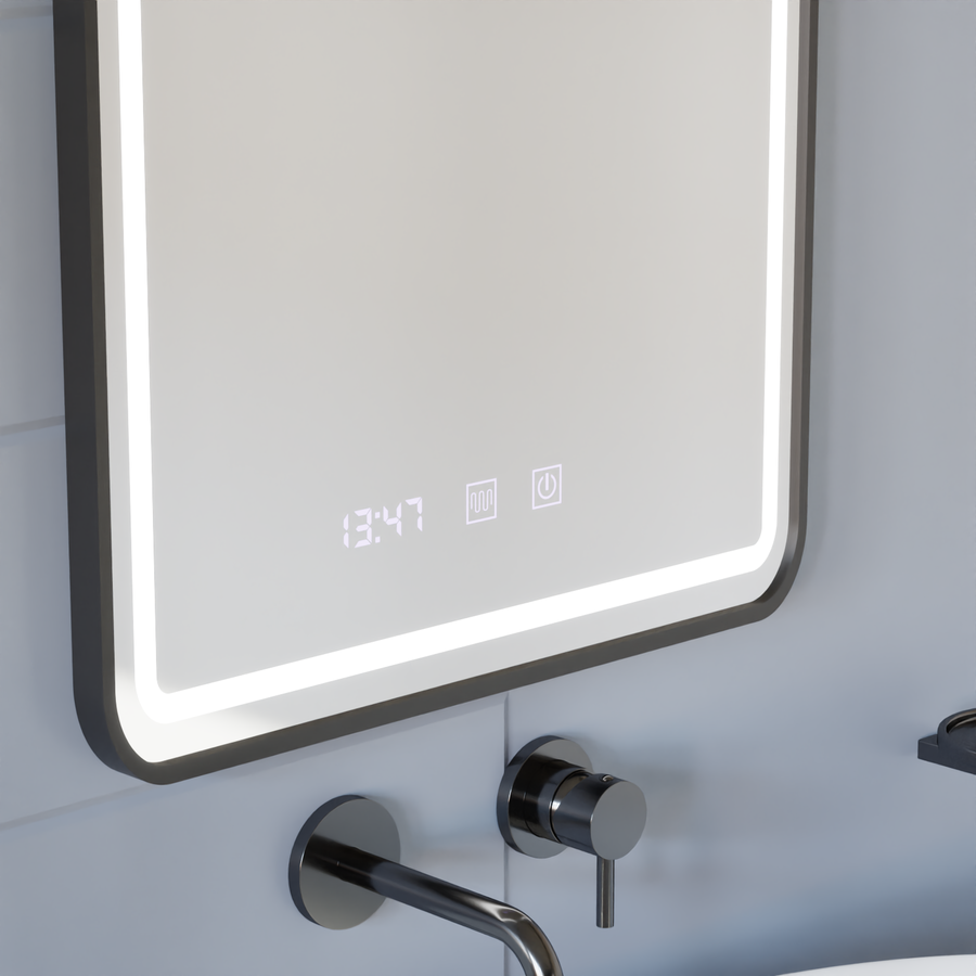 Mirror LED Touch LUCIDA páramentesítő rendszer, óra és hőmérséklet 60x80 cm szálcsiszolt fekete keret