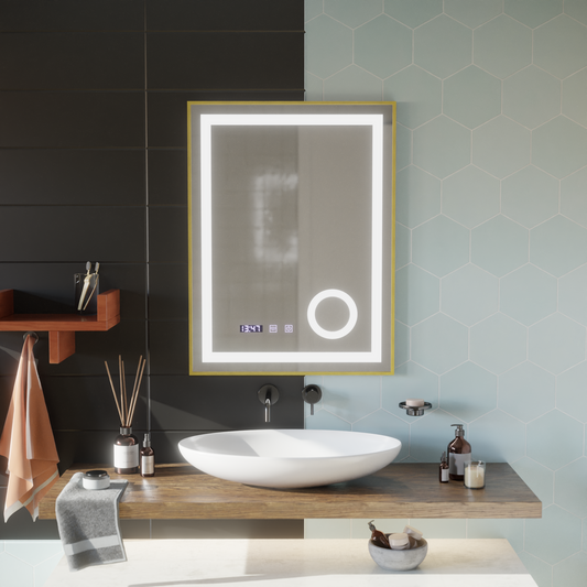 CLARUS LED Touch Mirror páramentesítő rendszer, óra és hőmérséklet 60x80 cm csiszolt arany keretes kozmetikai nagyító