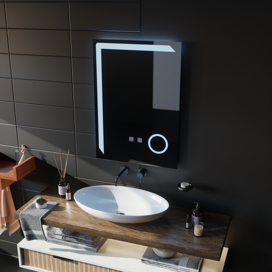 Négyszögletű LED tükör, 50x70cm, Linea Touch, Páramentesítő rendszer, Tompítható