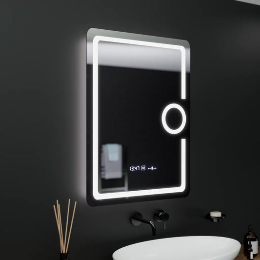 Téglalap alakú LED -tükör, 60x80cm, Eclat MotionGlow Marcello, óra és hőmérő, leolvasztási rendszer, kozmetikai lup