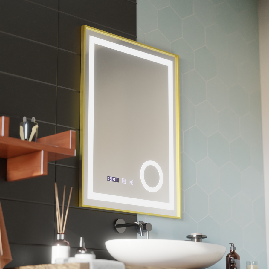 CLARUS LED Touch Mirror páramentesítő rendszer, óra és hőmérséklet 60x80 cm csiszolt arany keretes kozmetikai nagyító