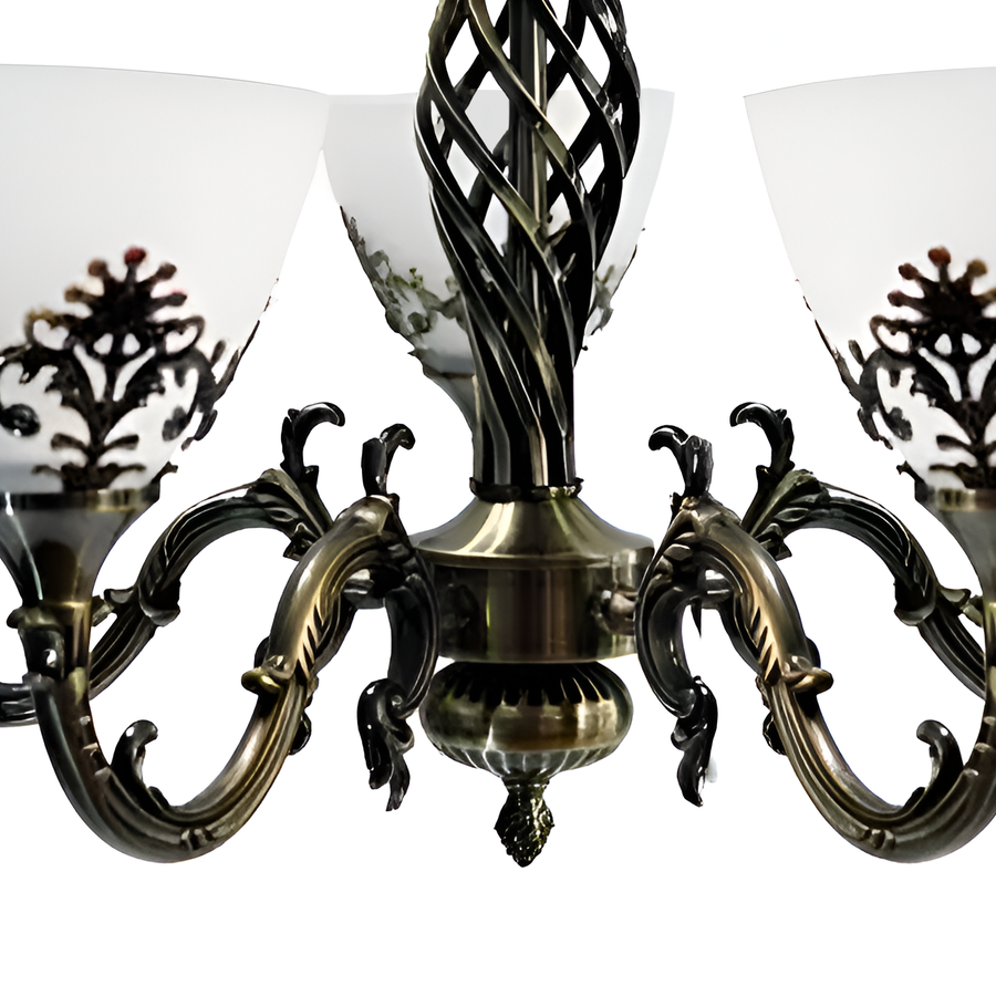 Rusztikus házikócsász, 5*E27, antik bronz, fém és üveg