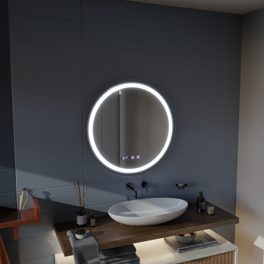 Mirror LED Touch NOVARA páramentesítő rendszer, óra és hőmérséklet 60 cm szálcsiszolt fekete keret