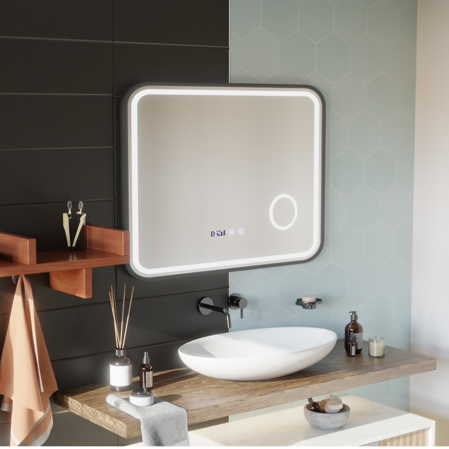 Mirror LED Touch Bernd leolvadó rendszer, óra és hőmérséklet 80x60 cm fekete ecset alap Cosmetica