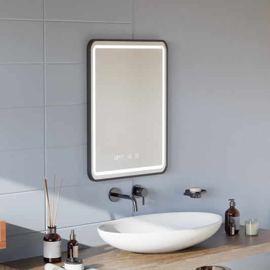 Mirror LED Touch LUCIDA páramentesítő rendszer, óra és hőmérséklet 60x80 cm szálcsiszolt fekete keret
