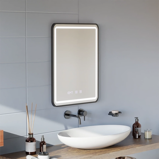 Mirror LED Touch LUCIDA páramentesítő rendszer, óra és hőmérséklet 60x80 cm szálcsiszolt fekete keret