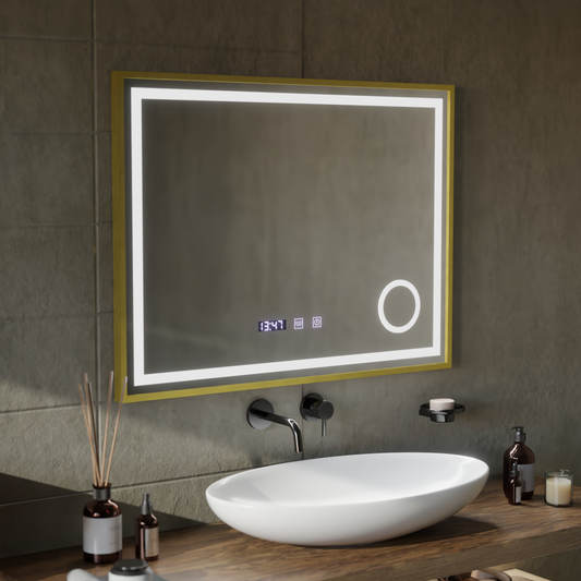 CLARUS Touch LED tükör páramentesítő rendszer, óra és hőmérséklet 80x60 cm csiszolt arany keretes kozmetikai nagyító