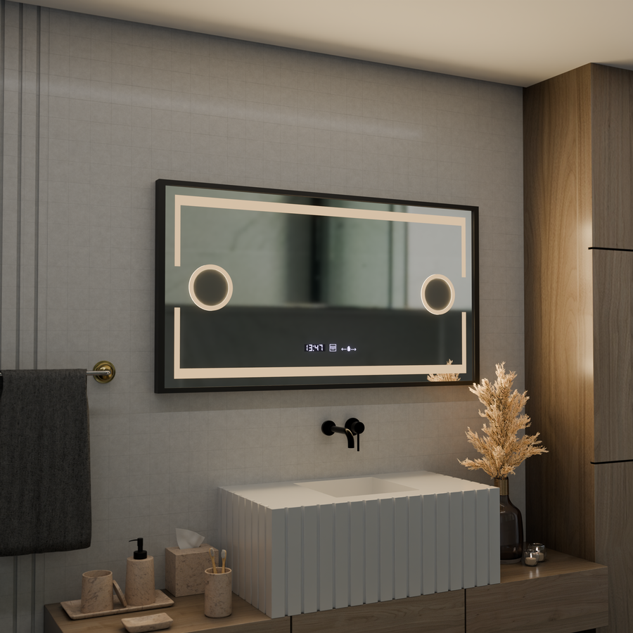 LED -tükör mozgásgátló érzékelő domingo leolvasztó leolvasztási funkcióval 120x65 cm hideg/meleg/meleg fény, fekete szálcsiszolt keret, Marcello Funghi kollekció