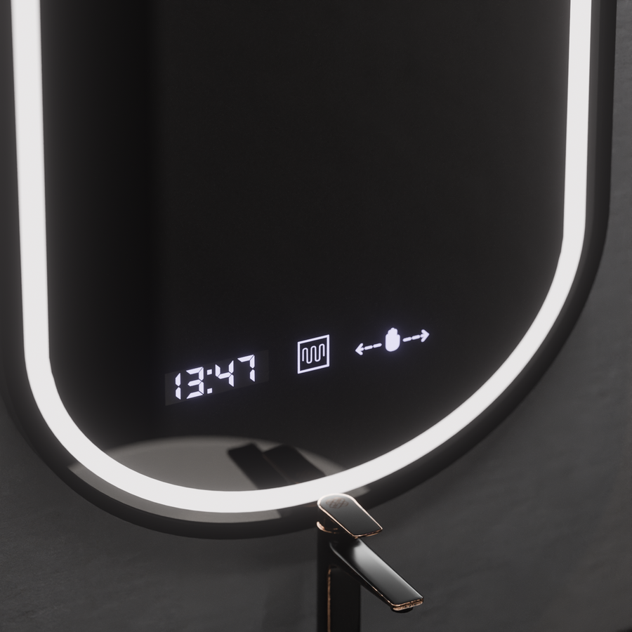 Ovális LED -tükör, 50x80cm, Alessia Motionglow Marcello, helyettes rendszer, óra és hőmérő, dimálható