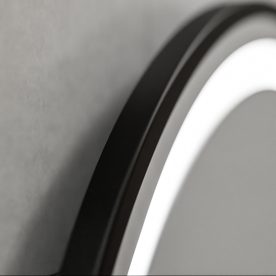Kerek LED -tükör, 80 cm, Celeste Majesté Noir Motionglow Marcello, leolvasztási rendszer, óra és hőmérő, dimálható