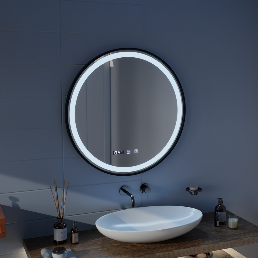 Mirror LED Touch NOVARA páramentesítő rendszer, óra és hőmérséklet 60 cm szálcsiszolt fekete keret