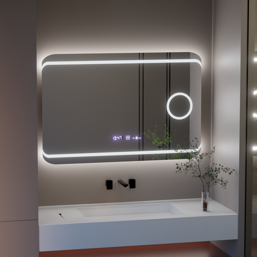 Téglalap alakú LED -tükör, 100x60 cm, definíciós mozgásgátló marcello, leolvasztási rendszer, óra és hőmérő, kozmetikai lupa, dimálható