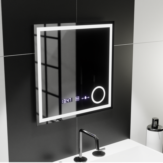 Téglalap alakú LED -tükör, 60x60 cm, Souverain MotionGlow Marcello, Debrunion rendszer, óra és hőmérő, kozmetikai nagyító