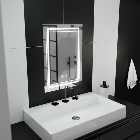 Négyszögletű LED-es tükör, 60x80cm, KOVEN Touch, Páramentesítő rendszer, Tompítható