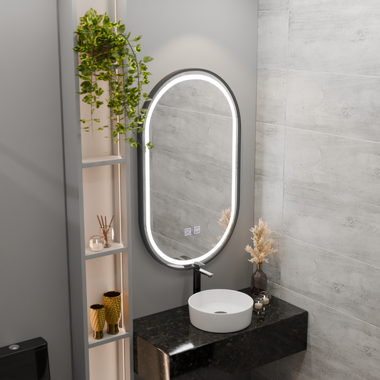 LED ovális tükör 50x100cm VETRO Touch szabályozható páramentesítő rendszer, fekete keret