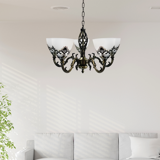 Rusztikus házikócsász, 5*E27, antik bronz, fém és üveg