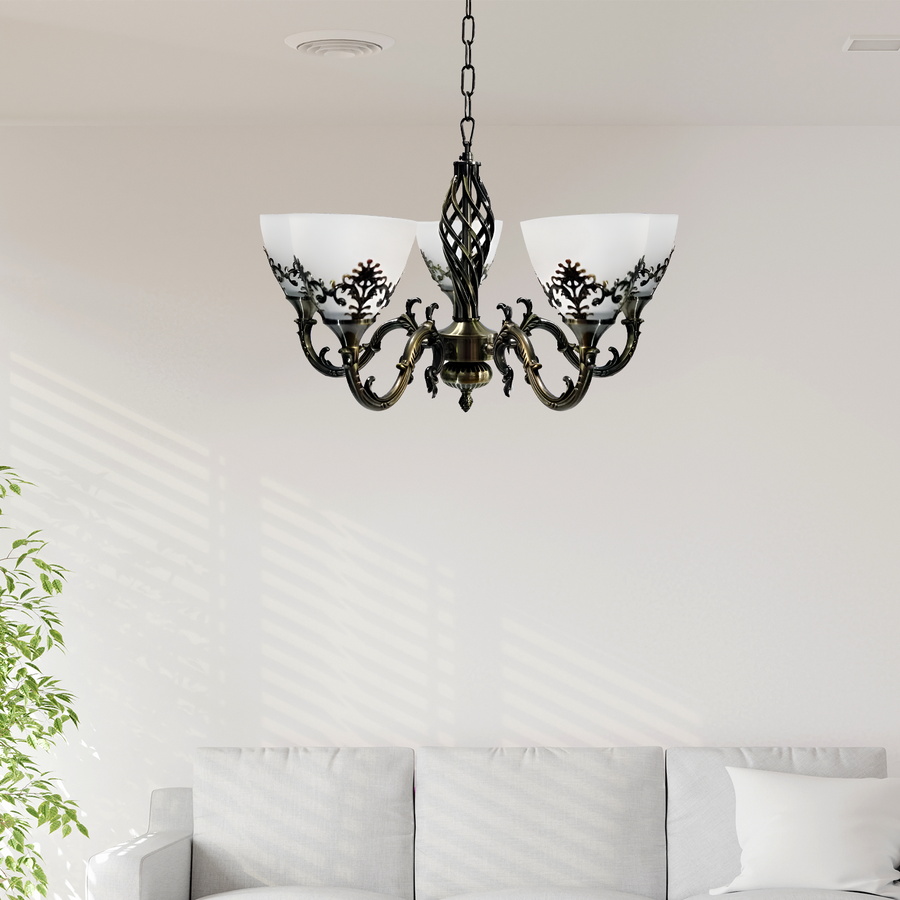 Rusztikus házikócsász, 5*E27, antik bronz, fém és üveg