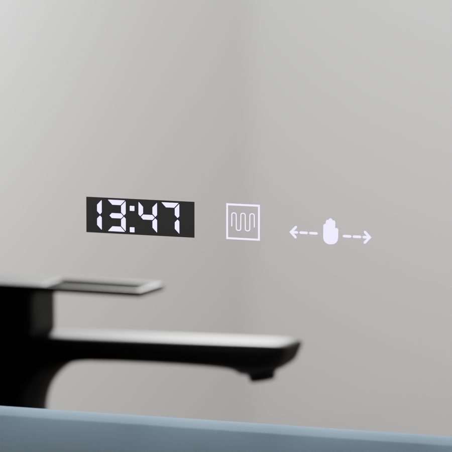 Téglalap alakú LED -tükör, 50x70 cm, Zampa érzékelő mozgásgátló marcello, osztályozó rendszer, óra és hőmérő, dimálható