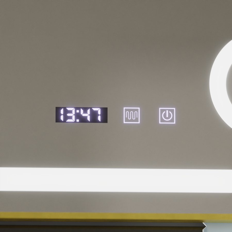 CLARUS Touch LED tükör páramentesítő rendszer, óra és hőmérséklet 80x60 cm csiszolt arany keretes kozmetikai nagyító