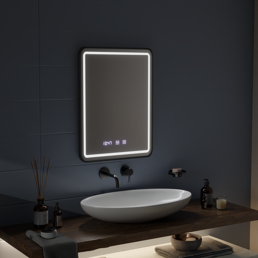 Mirror LED Touch LUCIDA páramentesítő rendszer, óra és hőmérséklet 60x80 cm szálcsiszolt fekete keret