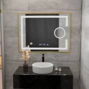 Téglalap alakú LED -tükör, 80x60 cm, Eclat MotionGlow Marcello, helyettes rendszer, óra és hőmérő, kozmetikai lup, dimablázható, arany ramacsiszolt