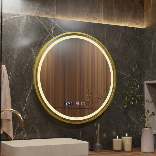 Mirror LED Touch LUSSO páramentesítő rendszer, óra és hőmérséklet 60 cm csiszolt arany keret