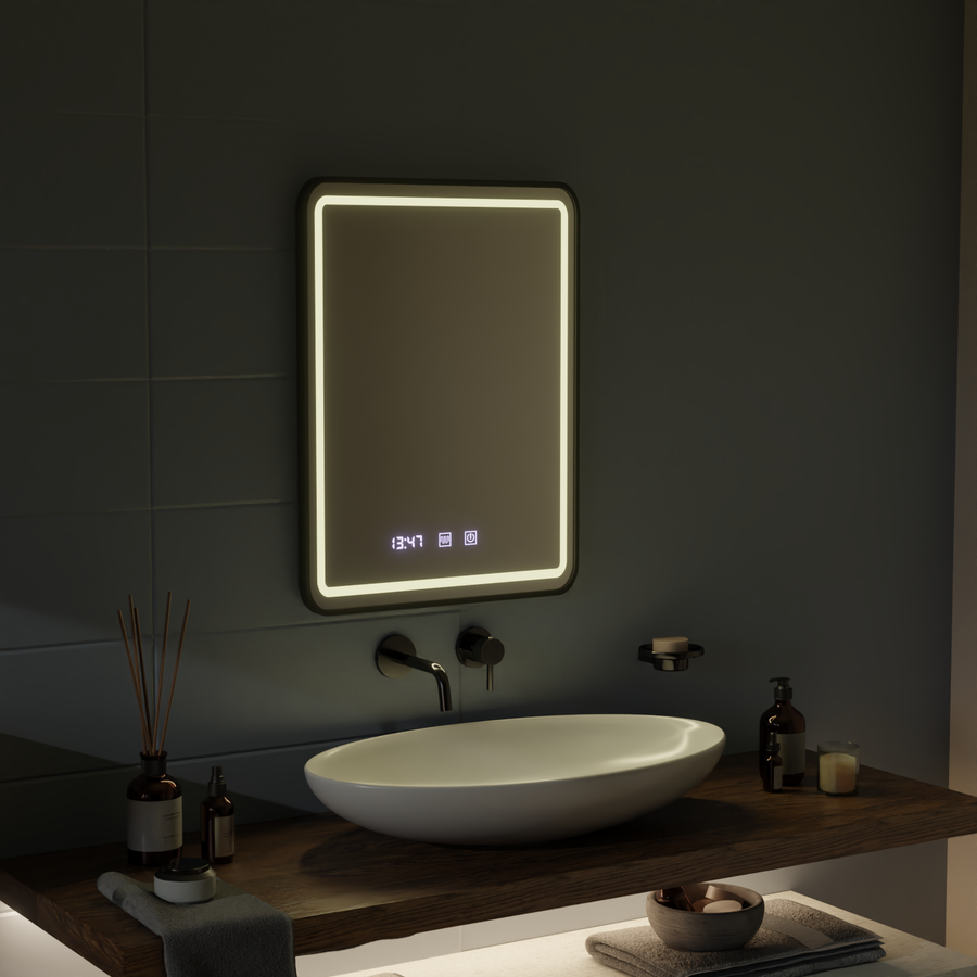Mirror LED Touch LUCIDA páramentesítő rendszer, óra és hőmérséklet 60x80 cm szálcsiszolt fekete keret
