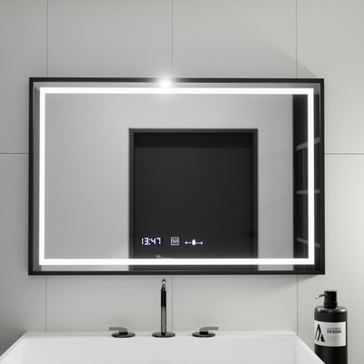 Téglalap alakú LED -tükör, 100x80 cm, Verite Majes Noir Motionglow Marcello, leolvasztási rendszer, óra és hőmérő, dimálható