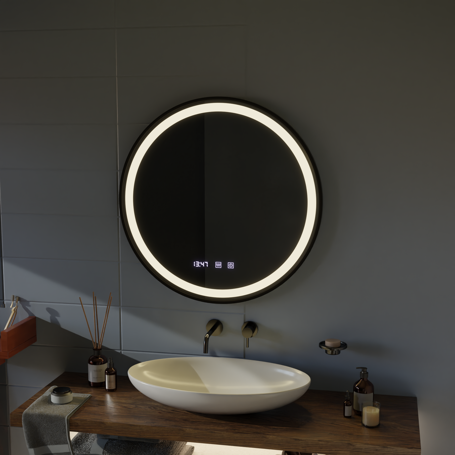 Mirror LED Touch NOVARA páramentesítő rendszer, óra és hőmérséklet 60 cm szálcsiszolt fekete keret