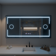 Téglalap alakú LED -tükör, 120x80 cm, MotionGlow Marcello érzékelő, letiltási rendszer, óra és hőmérő, kozmetikai nagyító