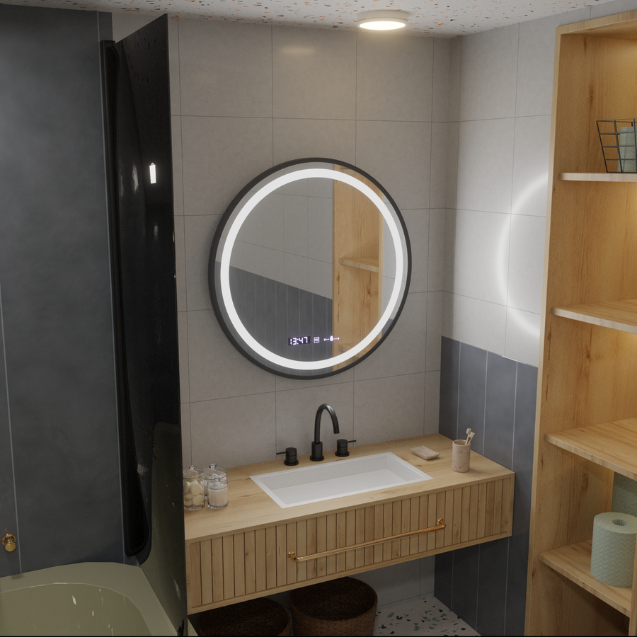 Kerek LED -tükör, 80 cm, Celeste Majesté Noir Motionglow Marcello, leolvasztási rendszer, óra és hőmérő, dimálható