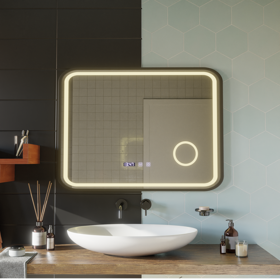 Mirror LED Touch Bernd leolvadó rendszer, óra és hőmérséklet 80x60 cm fekete ecset alap Cosmetica