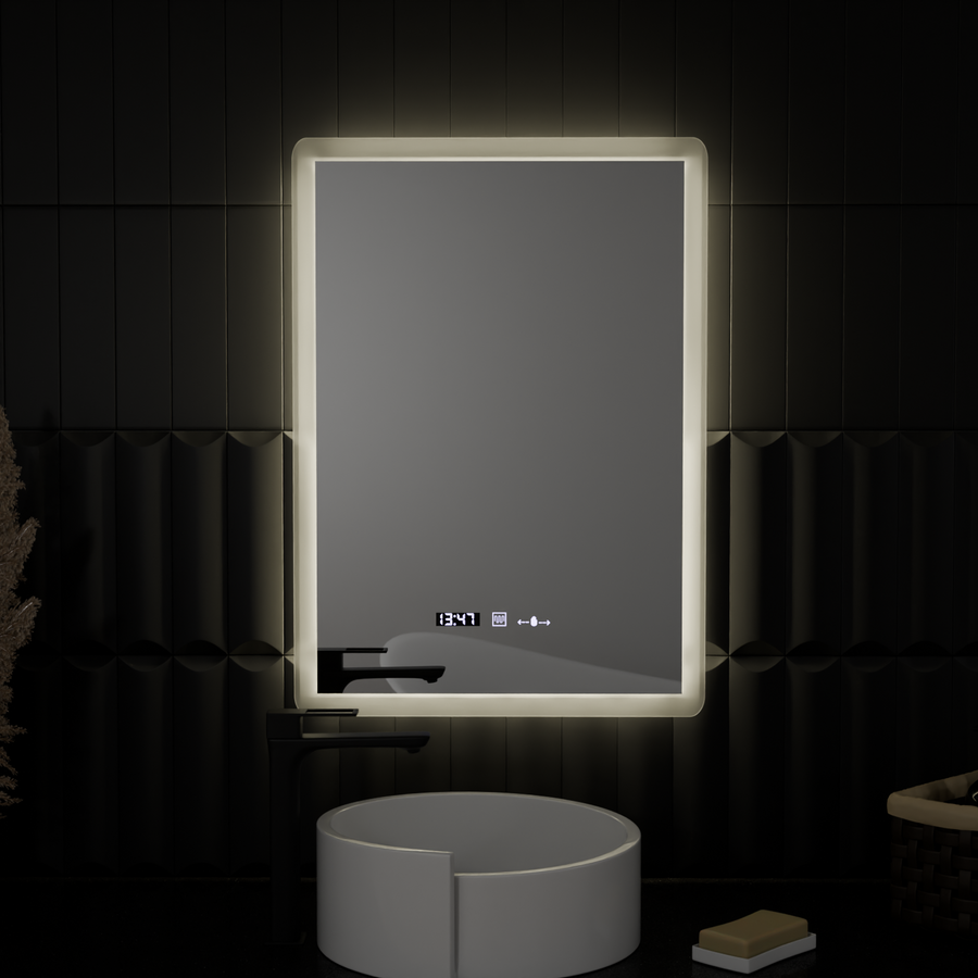 Téglalap alakú LED -tükör, 50x70 cm, Zampa érzékelő mozgásgátló marcello, osztályozó rendszer, óra és hőmérő, dimálható