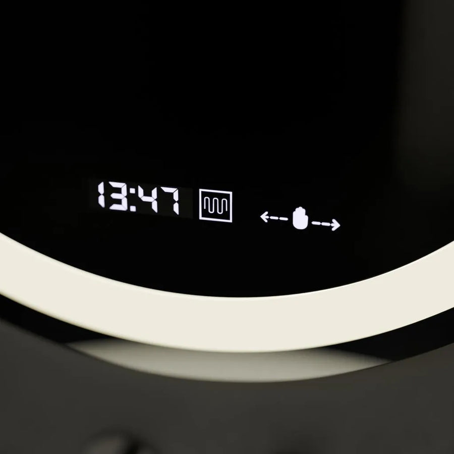 Kerek LED -tükör, 60 cm, Celeste Motionglow Marcello, helyettes rendszer, óra és hőmérő, dimálható