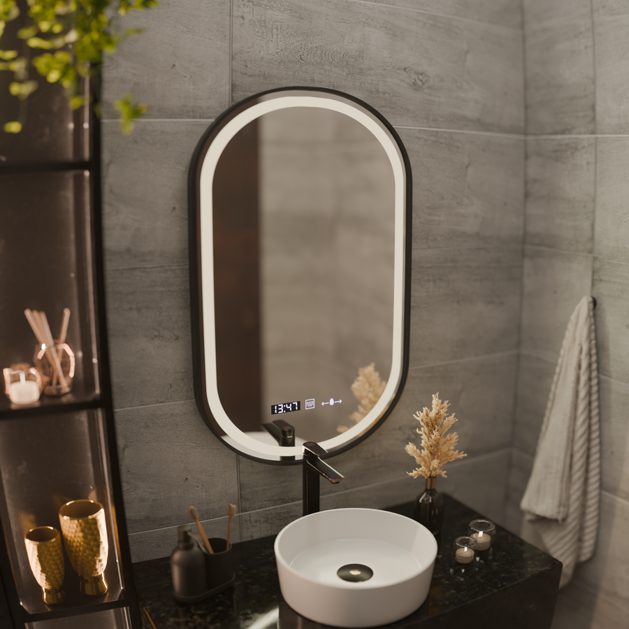 LED tükör Helmut érzékelő páramentesítő rendszer, óra és hőmérséklet 50x90 cm fekete keret szálcsiszolt Marcello Funghi