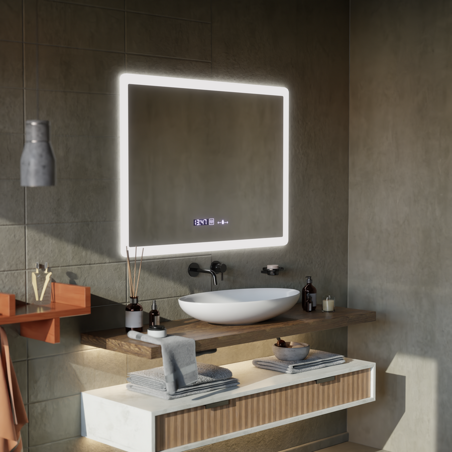 Téglalap alakú LED -tükör, 50x70 cm, Zampa érzékelő mozgásgátló marcello, osztályozó rendszer, óra és hőmérő, dimálható