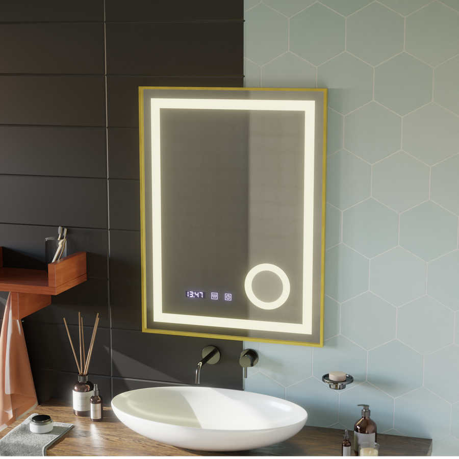 CLARUS LED Touch Mirror páramentesítő rendszer, óra és hőmérséklet 60x80 cm csiszolt arany keretes kozmetikai nagyító